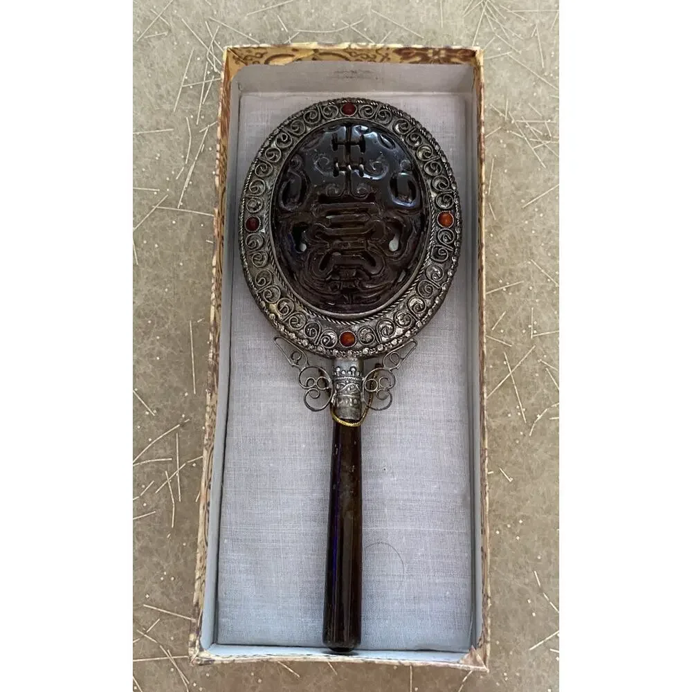 Antique Style Chinese Hand Mirror with Reticulated Jade Back and Handle 7.5